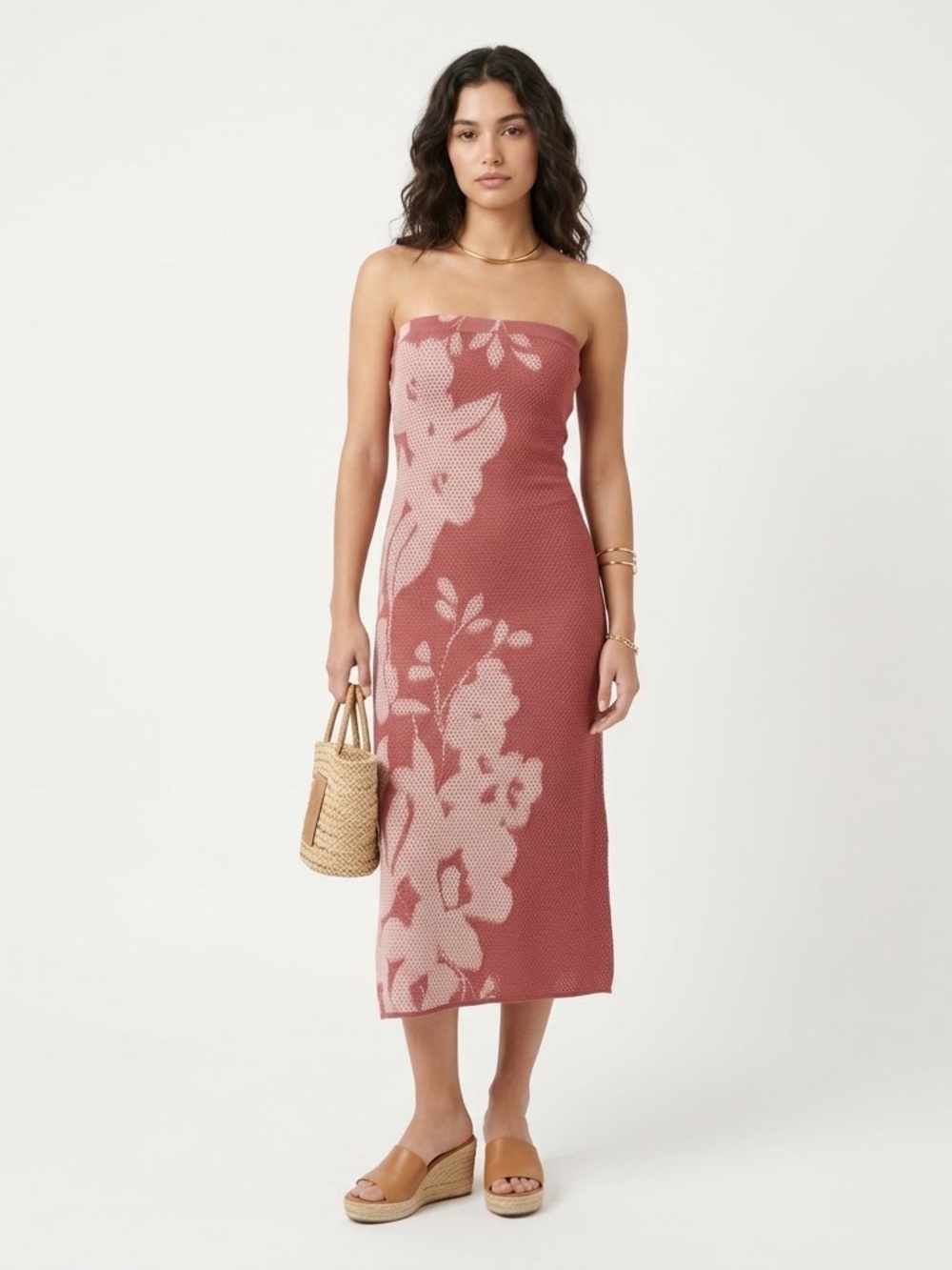 MISA Los Angeles Matti Floral Knit Strapless Midi Dress Pink Hibiscus XS